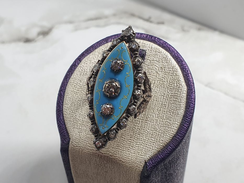 Inel Marquise antic din aur de 14K și argint cu diamante naturale și email turcoaz – mărimea 58 – 8,76 g