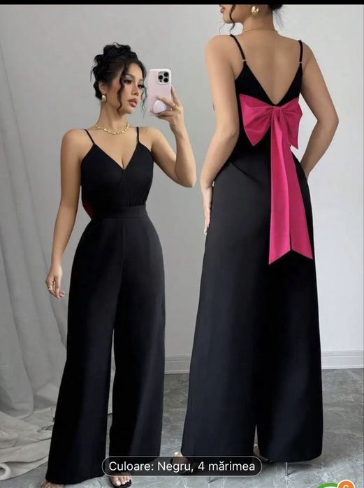 Salopeta negra eleganta cu decolteu in V ,fara maneci cu funda