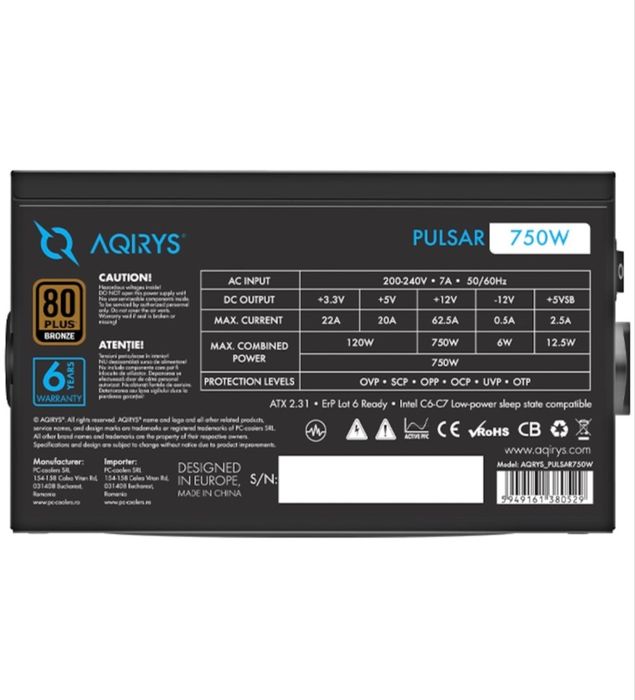 Sursă AQIRYS Pulsar 750W, 80+ Bronze