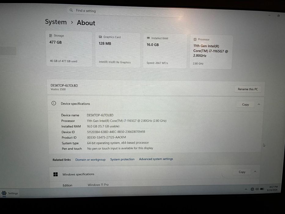 Dell Vostro 3500 i7-1165G7 | 16GB RAM | SSD 512GB | Windows 11 Pro