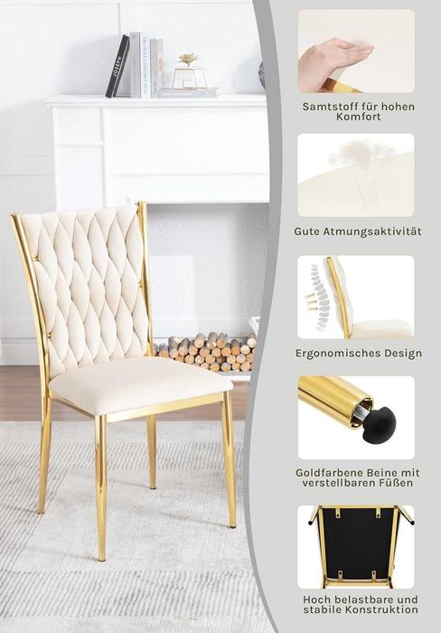 Трапезен стол модерен дизайн 2 броя комплект WOLTU цвят крем