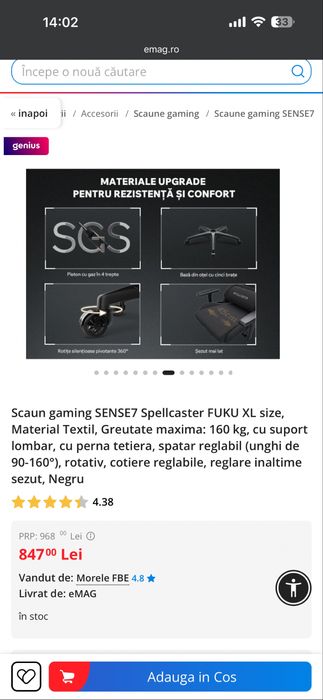 Scaun gaming SENSE7 Spellcaster FUKU XL size, Material Textil - 160kg