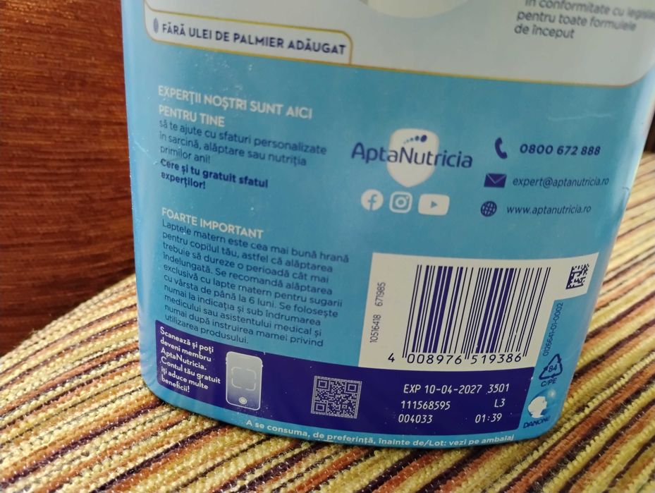 Vând 1 cutie de lapte Aptamil 1 , valabilitate 10 aprilie 2027.