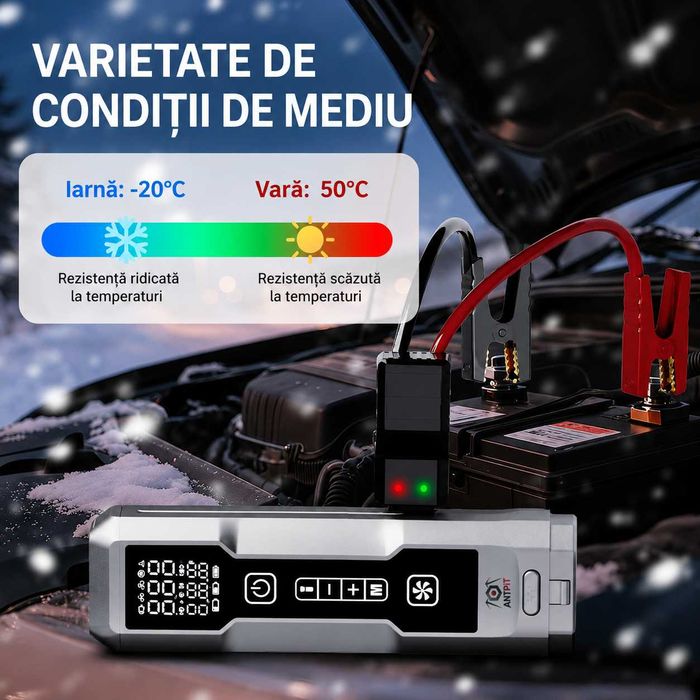 Compresor si Aspirator Auto 5 in 1 ANTPiT fara fir, Starter, Lanterna, Lumina SOS, 10 Bar, Baterie 6000mAh, Portabil, Gri
