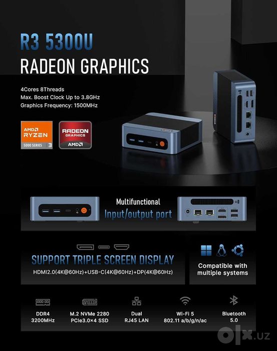 Mini PC Мини Пк BOSGAME E5 AMD Ryzen 3 5300U 16GB DDR4 1TB SSD