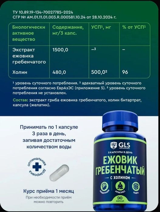 Ежовик гребенчатый с холином 500мг ежовика и 480мг холина