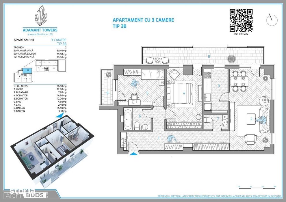 Adamant Towers | 3 camere finalizat INTABULAT | tip 3B |100mp|Nicolina
