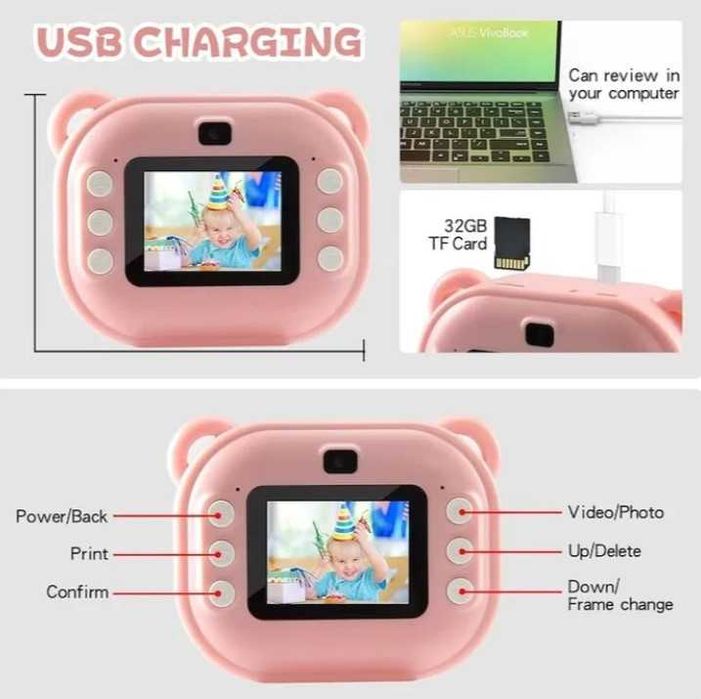 Детски розов фотоапарат камера с незабавен печат /принтер функции