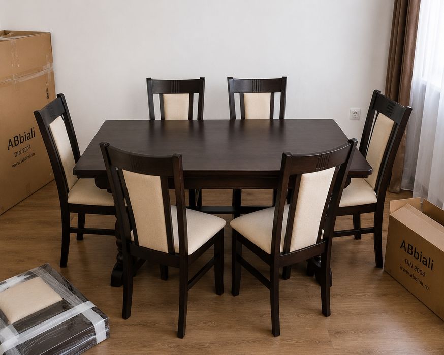 Set masă + 6 scaune NOI lemn masiv