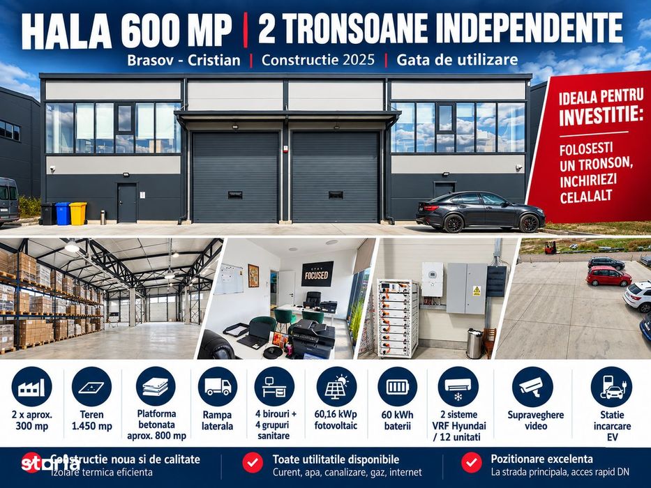 Hala premium 600 mp | 2 tronsoane | 1.450 mp teren | Fotovoltaic 60kw