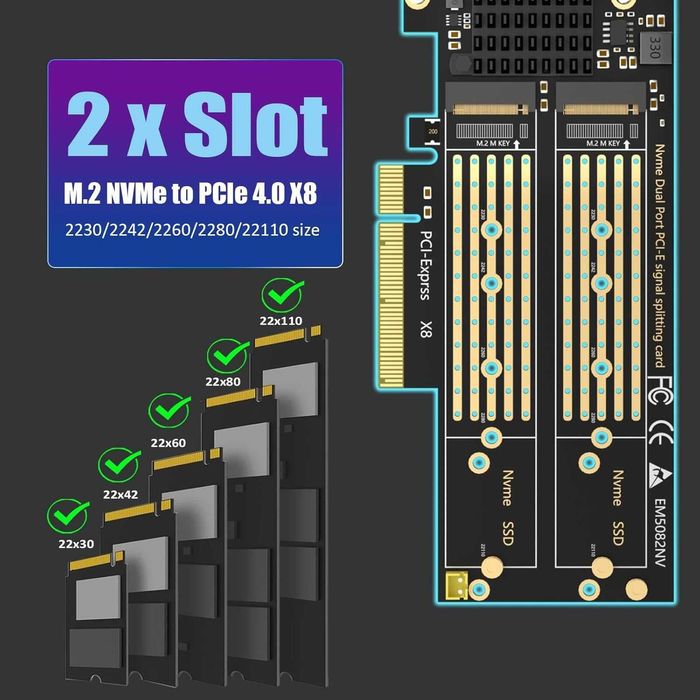 Placa Adaptor GLOTRENDS PA21 Dual M.2 NVMe PCIe 4.0 X8 Win Linux Mac