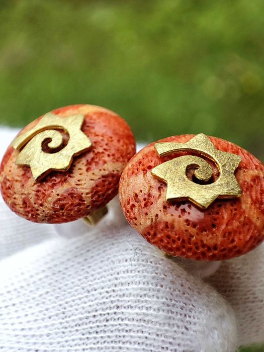 Cercei Aur 14K Cu Coral Organic Recif Natural Spirala Soare Celestial