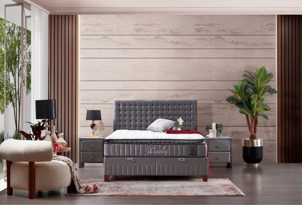 Тапицирано легло Wooly Платинено Сиво с луксозен матрак