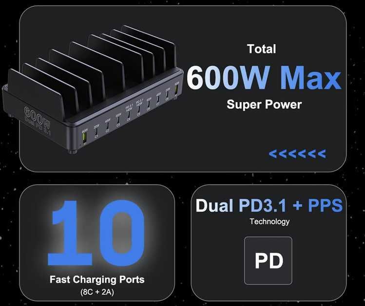 Ueetop 600W USB Fast Charge 10-Port GaN Charging Station Laptop Tablet