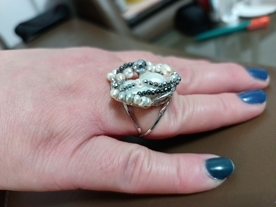Inel Miracle din argint cu perlă baroc și hematit natural