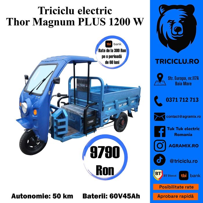 Triciclu electric Thor Magnum Plus basc hidraulica, cabina nou Agramix