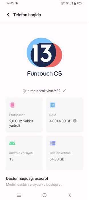 Vivo Y22 64/4+4 ideal holatda