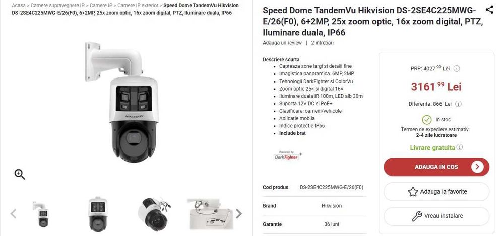Speed Dome TandemVu Hikvision  6+2MP, 25x zoom optic, PTZ, Iluminare duala, IP66