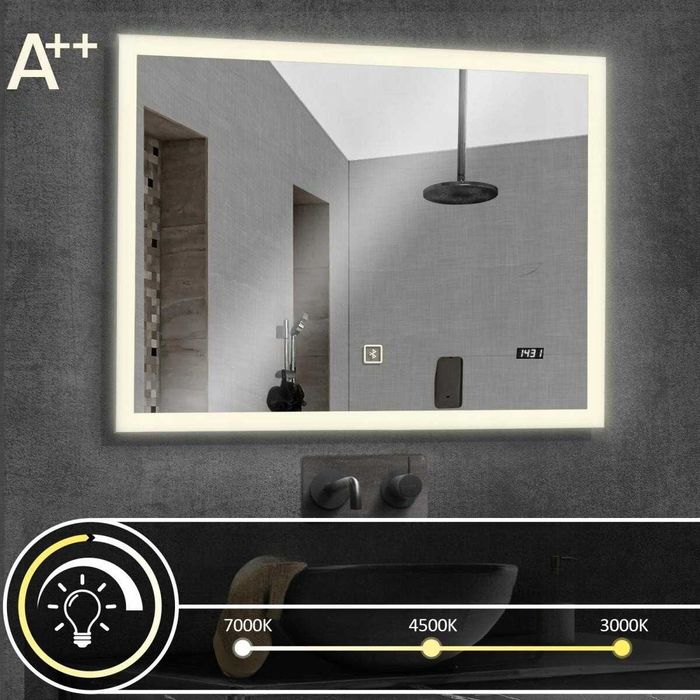 Огледало за баня 100x60 см С LED осветление, часовник+bluetooth