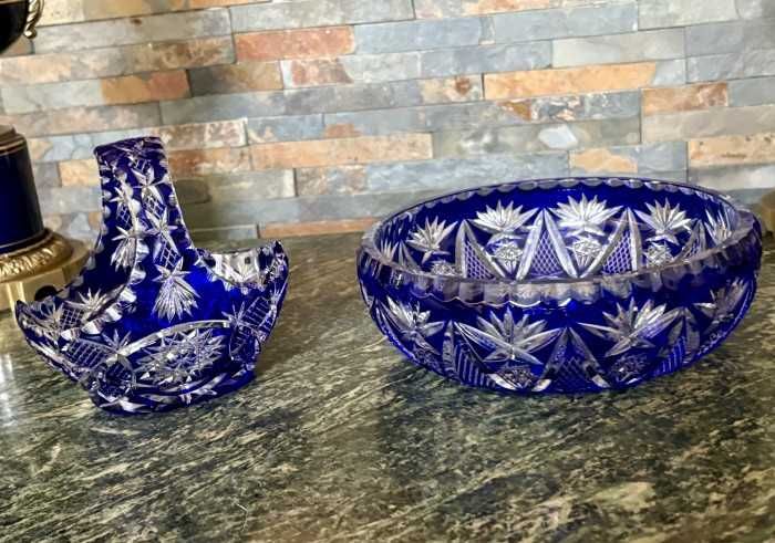 Superbe-centru de masa-cosulet decorativ-cristal Bohemia-Nachtmann-albastru cobalt-tehnica manuala-Germania