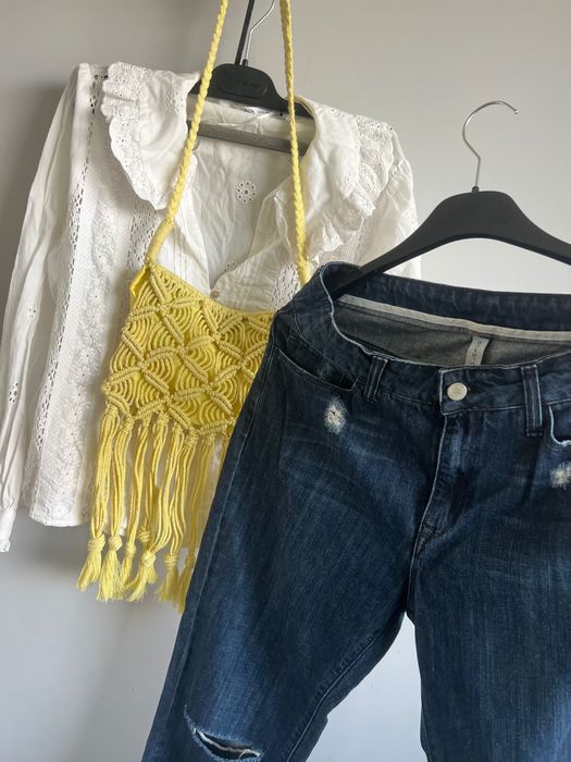 Сет/комплект памучна риза с бродерии Zara, дънки Mango Premium памучни и подарък сладка нова лятна лимонено жълта чанта