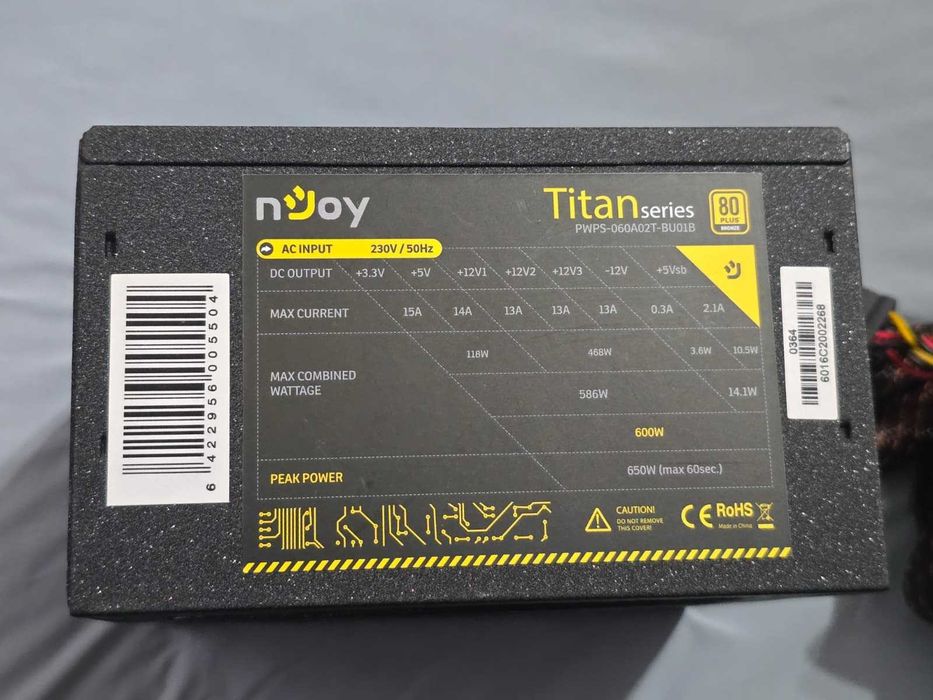 Sursa PC nJoy Titan Series 600W, Eficienta 80 PLUS Bronze, 2x PCI-E 6+2 Pini, 120mm