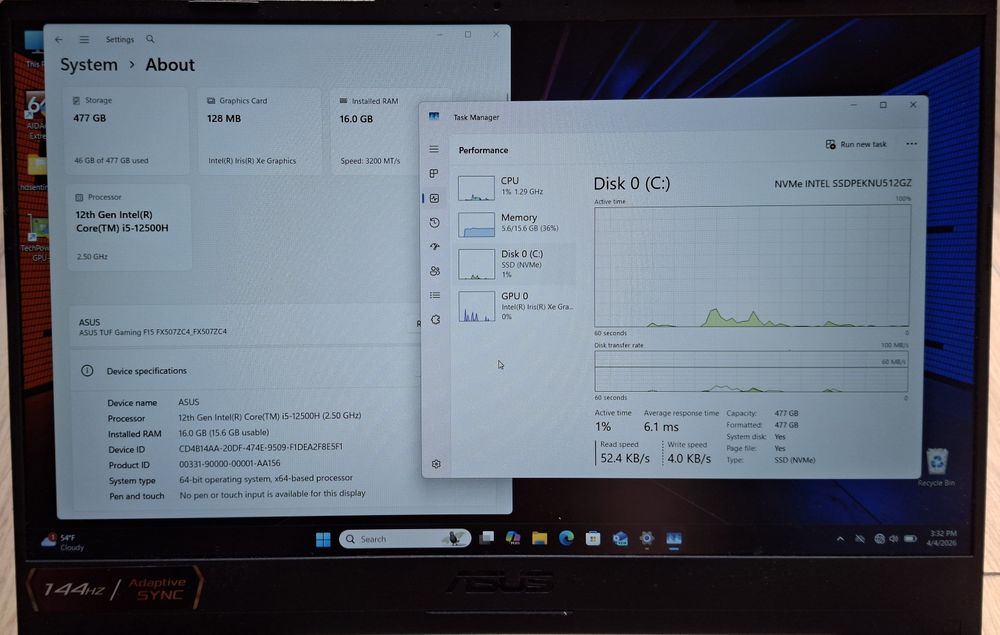 15.6' 144hz Asus TUF Intel Core i5-12500H/16GB/512GB SSD/Бат.5ч./Intel
