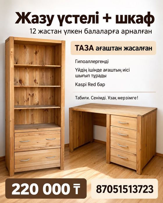 Рабочий стол и шкаф из чистого дерева