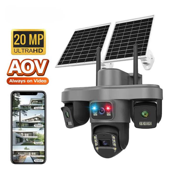 Cameră Supraveghere Profesională 4G LTE – 4 Lentile, 4 camere, 20MP 4K UHD, Panouri Solare Duble + altele in anunt