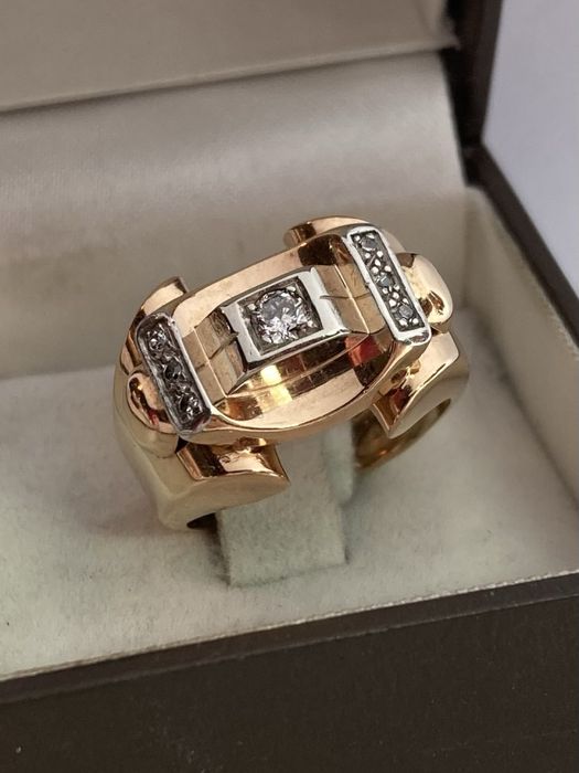 Inel antic Tank aur roz cu diamante