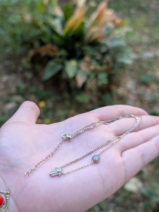 Vechi colier lant din argint de 925, cu o mana Hamsa, mana Fatimei si un ochi protector