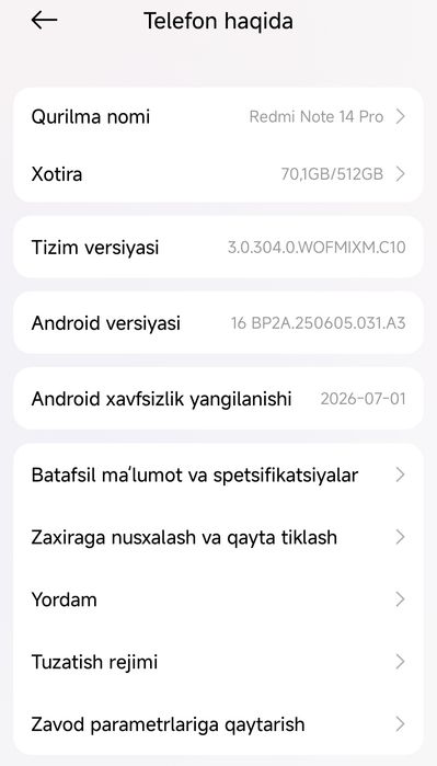 Redmi note 14 pro plus 12 operativ 512 g xotira
