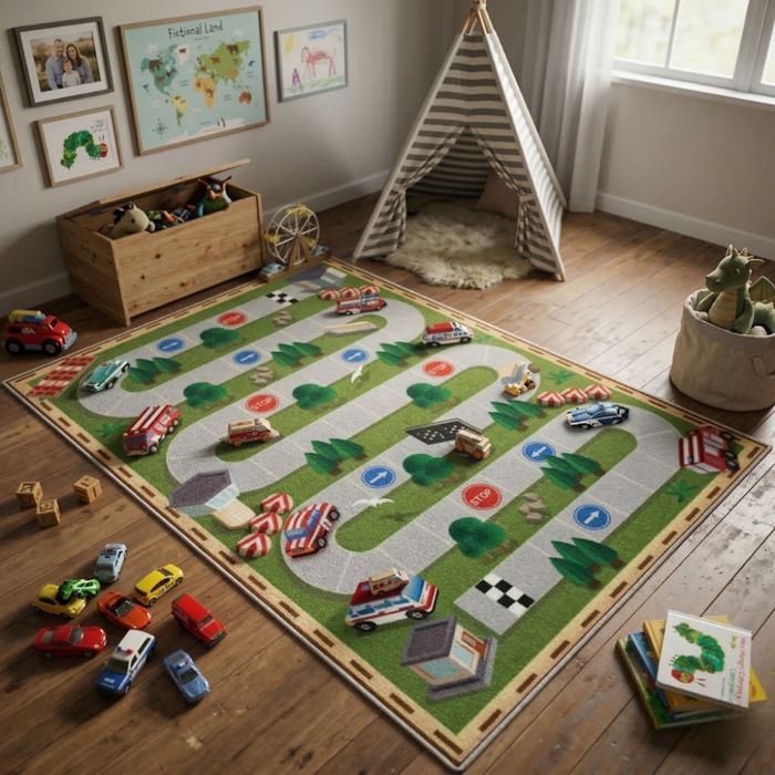 Детски килим за игра 120х160см - Светложълт килим с цветни къщички, пр