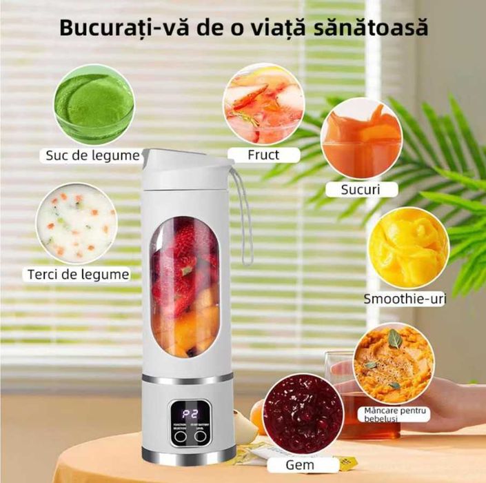 Blender portabil 450ml, 12 lame inox, afisaj LED