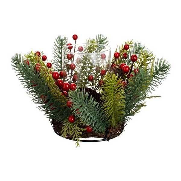 Коледен венец с поставка за свещ Mercado Trade, Метал, Борови клонки