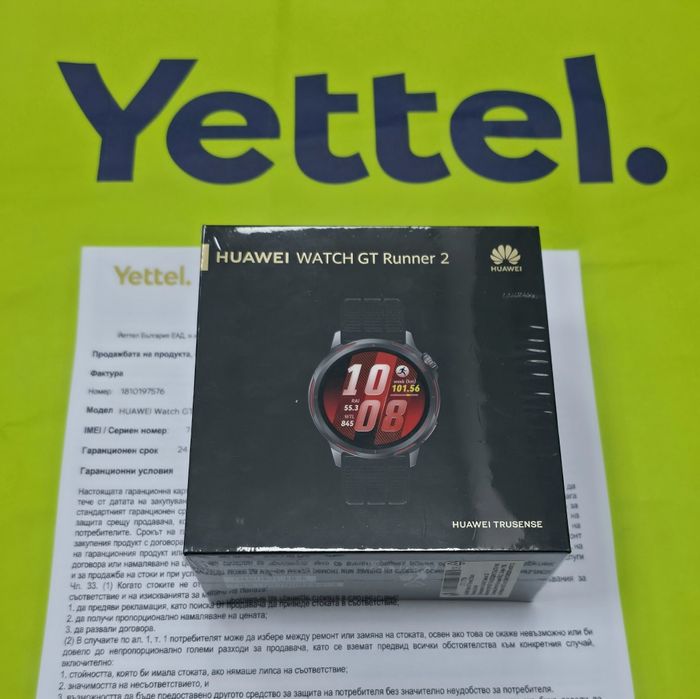 ЗАПЕЧАТАН 46mm Huawei watch GT Runner 2 Гаранция Yettel 2028 Black
