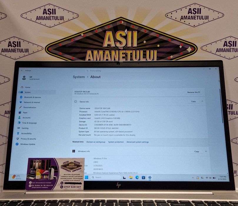 Asii Amanetului - Laptop HP EliteBook 850 G7 Notebook 15.6 inch, i5-10310U, Gen 10, 8GB DDR4, Stocare 238GB SSD