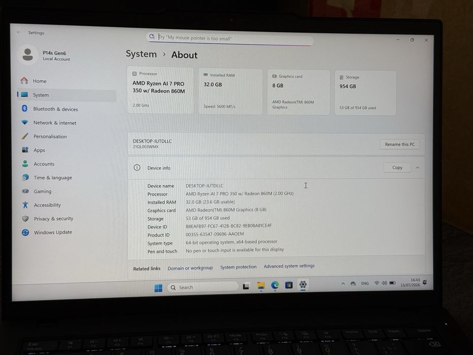 НОВ Лаптоп 14.5’ FHD+IPS  Ryzen AI 7 Pro 350 32GB DDR5 Lenovo Thinkpad P14s Gen6 Radeon 860M 1TB SSD