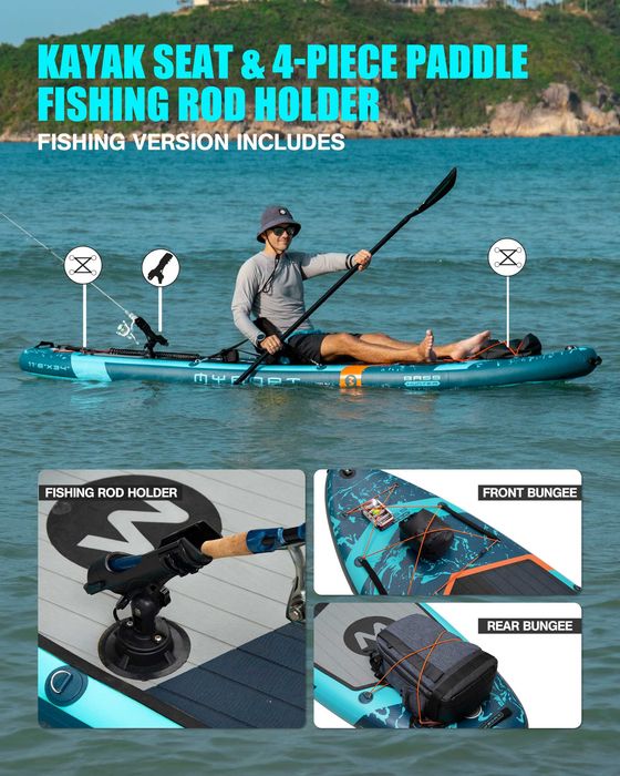 Нов, висок клас, широк 350 СМ надуваем падъл борд all-round SUP MYBOAT MY02 (Bass Hunter PRO) в тюркоазено-черен дизайн.