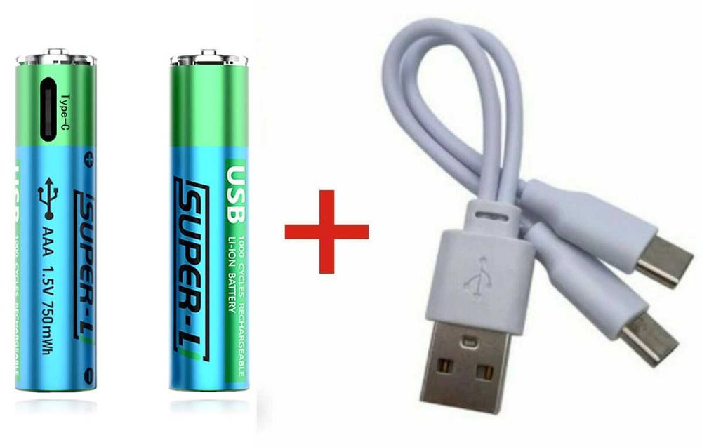 2x AAA литий-ионная аккумуляторная батарея с зарядным кабелем Type-C