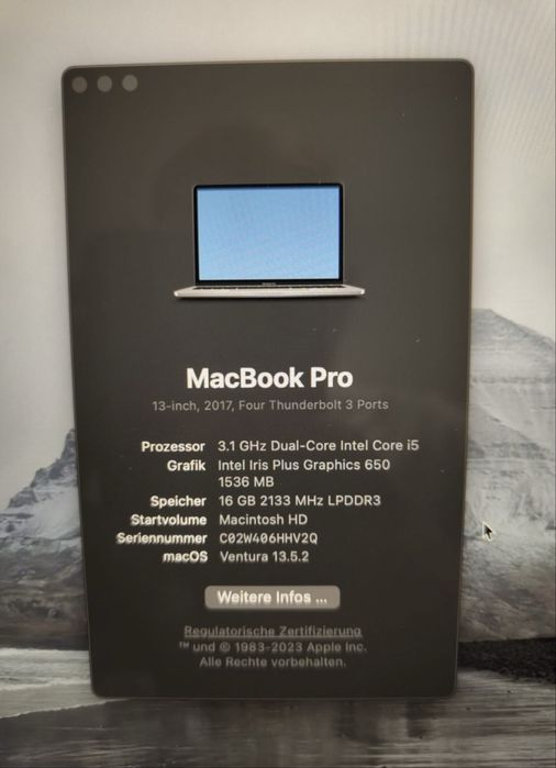 MacBookPro 2017 13-inch RAM 16 GB / SSD 250 GB