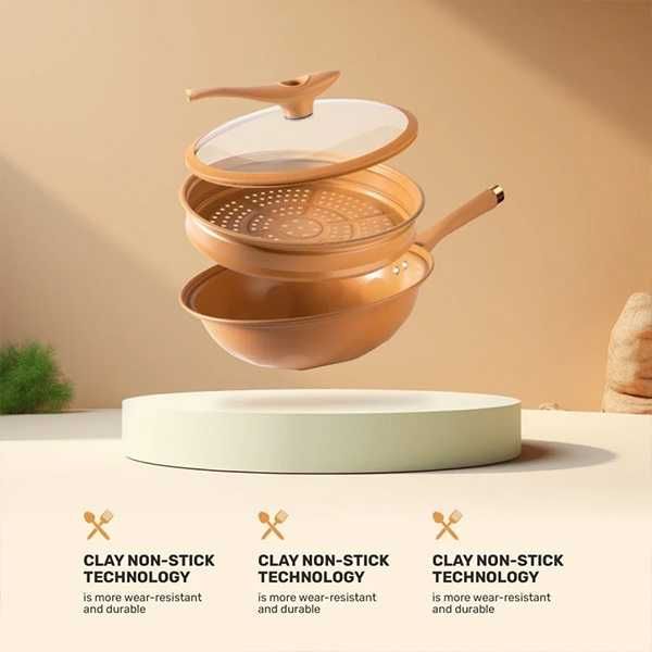 Уок Тиган 32 см, покритие MicroClay, пържене, варене, задушаване, пара