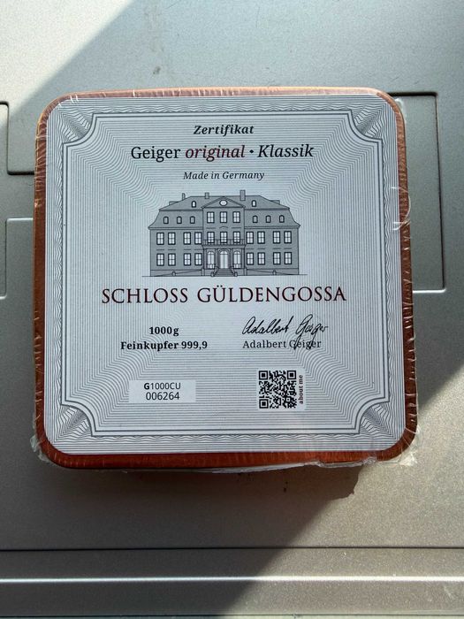 Медно Кюлче 1кг (1000г) Geiger Schloss Güldengossa - Фин Мед 999.9 Със Сертификат Инвестиционно Медно Кюлче 1кг