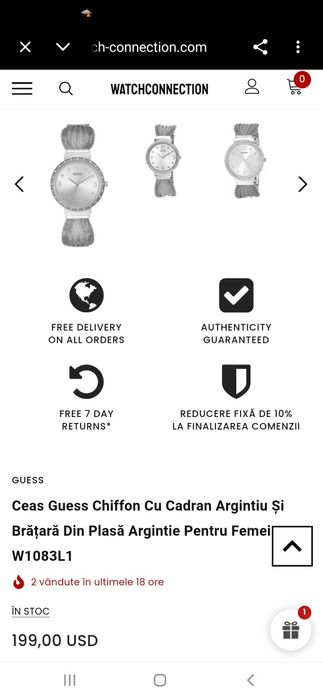 Ceas Damă GUESS Chiffon Silver W1083L1 Original – Argintiu cu Cristale