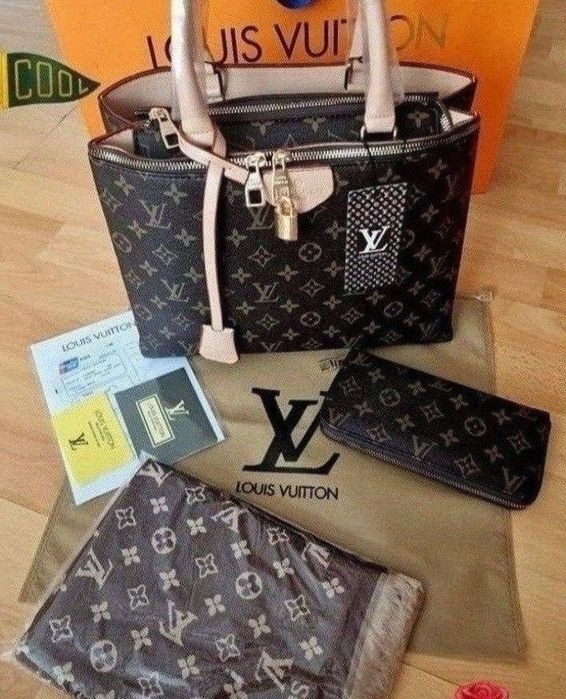 Geanta /set LV,model office+esarfa cu 2 fete+portofel,curea detasabila umăr, saculet, etichetă