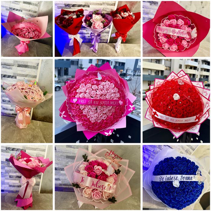 Buchet din trandafiri de sapun sau satin / Aranjamente florale/ dulci