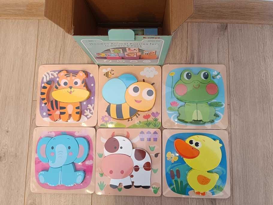 Puzzle-uri din lemn cu animale (Montessori, set de 6)
