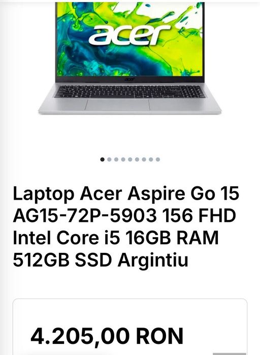 Laptop Acer Aspire Go 15 AG15-72P-5903 156 FHD Intel Core i5 16GB RAM 512GB SSD Argintiu