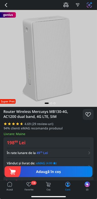 Router Wireless Mercusys MB130-4G, AC1200 dual band, 4G LTE, SIM