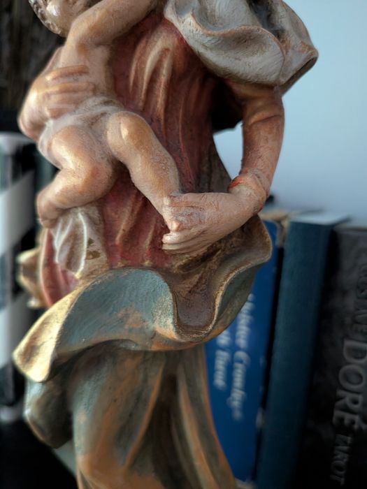 Statuetă Lemn sculptată și pictată manual, Fecioara Maria și Pruncul Iisus